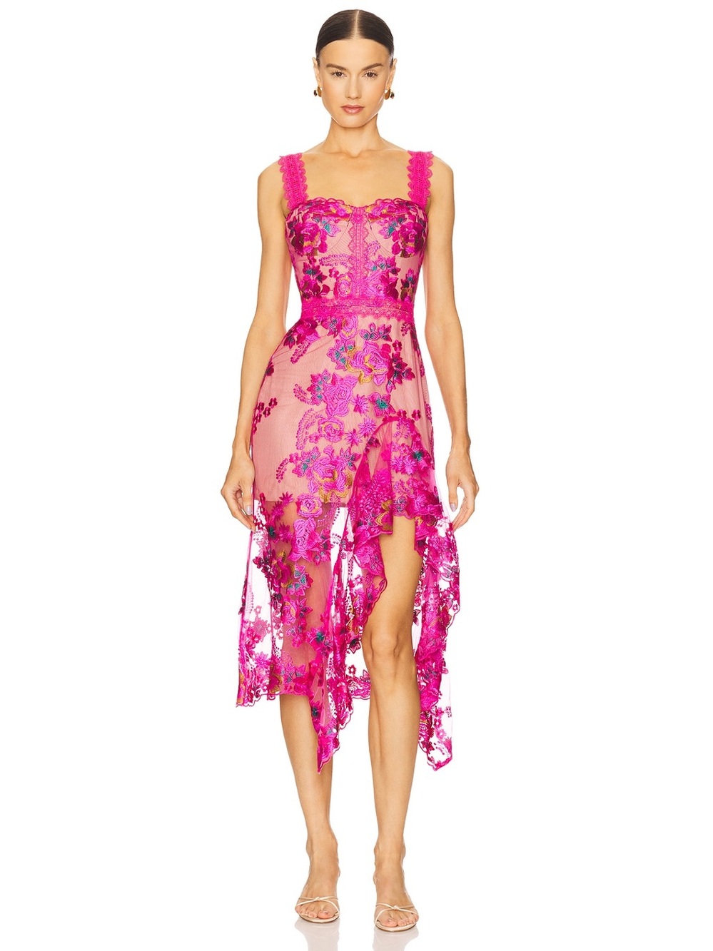 Bronx and Banco Eva Pink Embroidered Floral Midi Cocktail Dress S